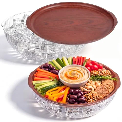 Rim Grain 11.8" Chilled Serving Tray for Parties Round Iced Platter with Compartments Charcuterie Serving Board for Fruit Seafood Vegetable Appetizer