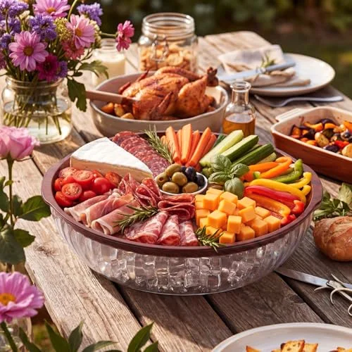 Rim Grain 11.8" Chilled Serving Tray for Parties Round Iced Platter with Compartments Charcuterie Serving Board for Fruit Seafood Vegetable Appetizer view 3
