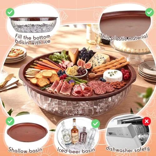 Rim Grain 11.8" Chilled Serving Tray for Parties Round Iced Platter with Compartments Charcuterie Serving Board for Fruit Seafood Vegetable Appetizer view 4