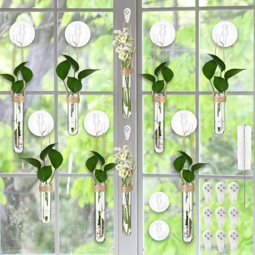 Window Propagation Stations Plastic Window Planter with Suction Cups & Traceless Nails, Propagated Plant Holders with Bottle Brush, Hanging Vases Terrarium Gift (5.5''& 5"& 3.7'')