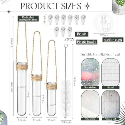 Window Propagation Stations Plastic Window Planter with Suction Cups & Traceless Nails, Propagated Plant Holders with Bottle Brush, Hanging Vases Terrarium Gift (5.5''& 5"& 3.7'') view 2