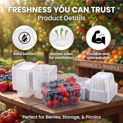 Plastic Berry Basket, Small Molded Produce Vented Container Basket Kitchen Supplies for Strawberry Blueberry Raspberry Fruit Vegetable Tray Farmer Market Grocery (8.35 x 6 x) view 4