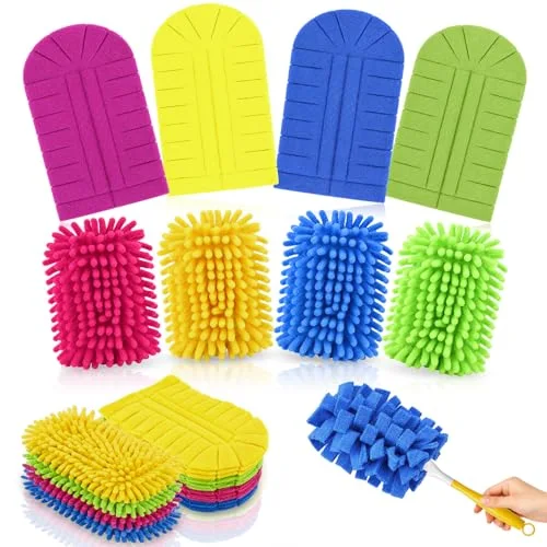 Reusable Duster Refills with Handle 360 Heavy Duty Wool and Chenille Duster Pads Refills Washable Handheld Dusters for Cleaning Ceiling, Fan, Hardwood Floors, Windows, and Kitchen Floors