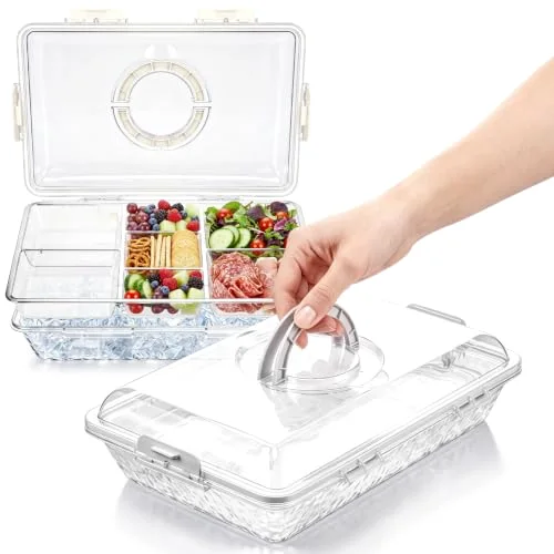 16 x 11'' Chilled Serving Tray for Parties with Lids Compartments Flip top Removable Chilled Party Platter Serving Board Cold Dish Dip for Picnic (Compartments)