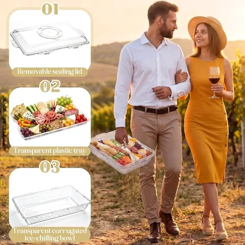 16 x 11'' Chilled Serving Tray for Parties with Lids Compartments Flip top Removable Chilled Party Platter Serving Board Cold Dish Dip for Picnic (Compartments) view 10