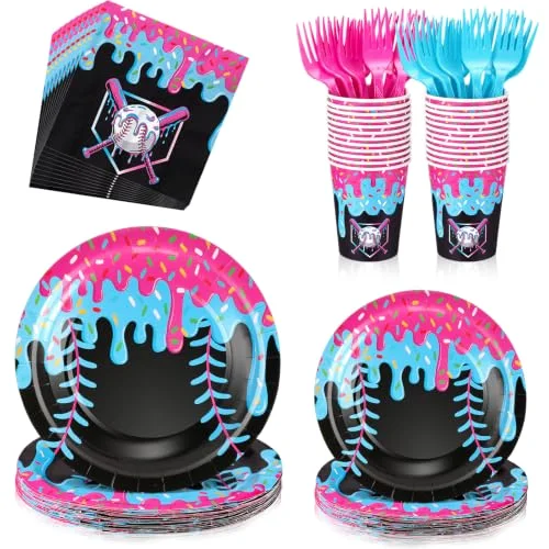 Ice Cream Baseball Birthday Party Supplies Ice Cream Baseball Plates Napkins Cups and Forks Birthday Party Table Decorations Disposable Cake Tableware Set for 24 Guests