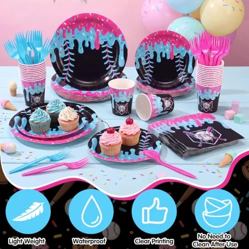 Ice Cream Baseball Birthday Party Supplies Ice Cream Baseball Plates Napkins Cups and Forks Birthday Party Table Decorations Disposable Cake Tableware Set for 24 Guests view 5