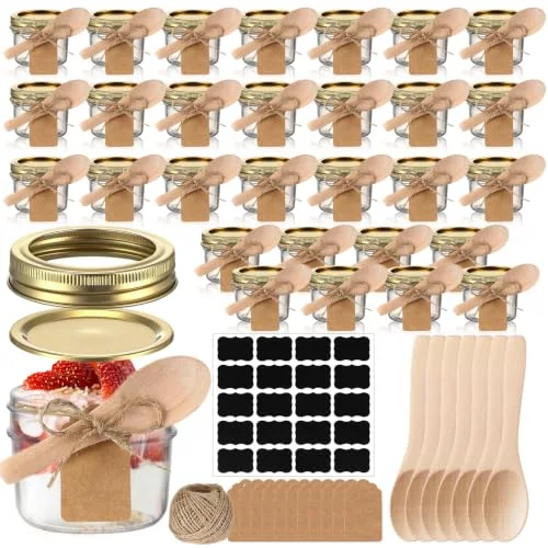 Mini Mason Jars with Wood Spoon Mini Jam Jars with Lids and Labels, Small Glass Canning for Jelly Spice Herbs Honey Storage Bridal Shower Wedding Favors DIY Candles () view 6
