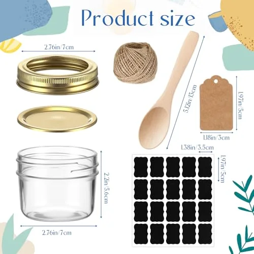 Mini Mason Jars with Wood Spoon Mini Jam Jars with Lids and Labels, Small Glass Canning for Jelly Spice Herbs Honey Storage Bridal Shower Wedding Favors DIY Candles () view 7