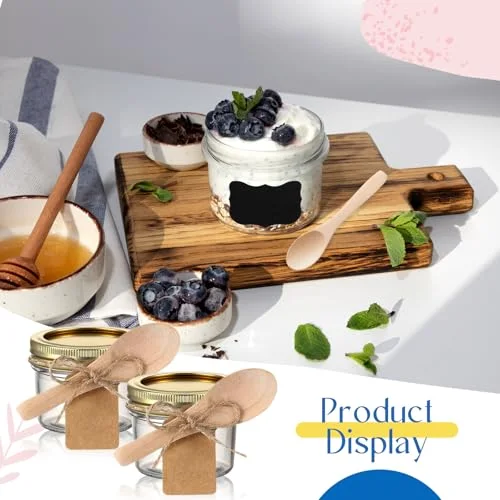 Mini Mason Jars with Wood Spoon Mini Jam Jars with Lids and Labels, Small Glass Canning for Jelly Spice Herbs Honey Storage Bridal Shower Wedding Favors DIY Candles () view 9