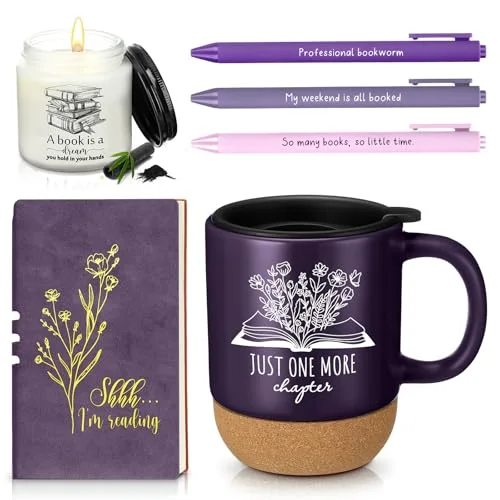 Book Lover Gifts Ceramic Mugs with Cork Bottom A6 Journal Notebook Candle Ballpoint Pens Reading Gifts for Women Men Bookish Worm Book Club Librarian Teacher Back to School(Dark)