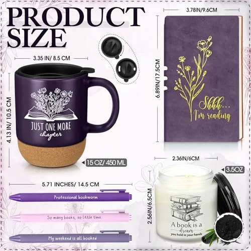 Book Lover Gifts Ceramic Mugs with Cork Bottom A6 Journal Notebook Candle Ballpoint Pens Reading Gifts for Women Men Bookish Worm Book Club Librarian Teacher Back to School(Dark) view 2