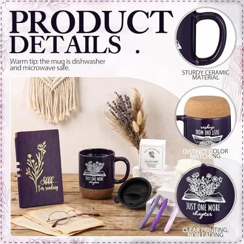 Book Lover Gifts Ceramic Mugs with Cork Bottom A6 Journal Notebook Candle Ballpoint Pens Reading Gifts for Women Men Bookish Worm Book Club Librarian Teacher Back to School(Dark) view 3