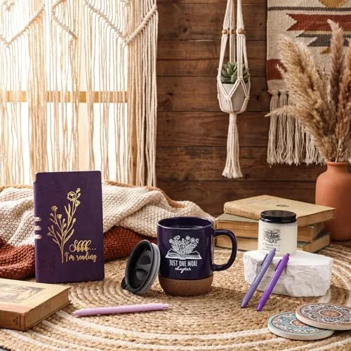 Book Lover Gifts Ceramic Mugs with Cork Bottom A6 Journal Notebook Candle Ballpoint Pens Reading Gifts for Women Men Bookish Worm Book Club Librarian Teacher Back to School(Dark) view 4