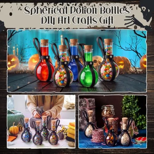 Plastic Potion Bottle for Drinks Round Spherical Bottle with Cork Stopper Wizard Potion Jar Kit Cosplay Accessories with Leather Belt Candy Jar for Party Decorations(Coffee) view 10