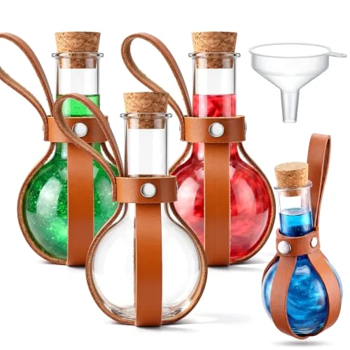 Plastic Potion Bottle with Cork Stopper Cosplay Accessories with Leather Belt Witch Cosplay Props Decorative Round Spherical Bottles for Halloween Party Decorations (Coffee)