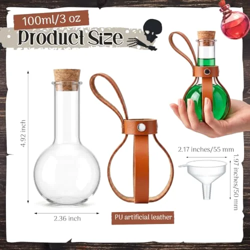 Plastic Potion Bottle with Cork Stopper Cosplay Accessories with Leather Belt Witch Cosplay Props Decorative Round Spherical Bottles for Halloween Party Decorations (Coffee) view 2