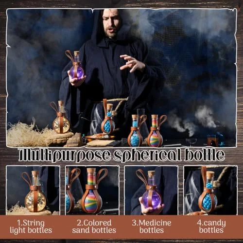 Plastic Potion Bottle with Cork Stopper Cosplay Accessories with Leather Belt Witch Cosplay Props Decorative Round Spherical Bottles for Halloween Party Decorations (Coffee) view 5