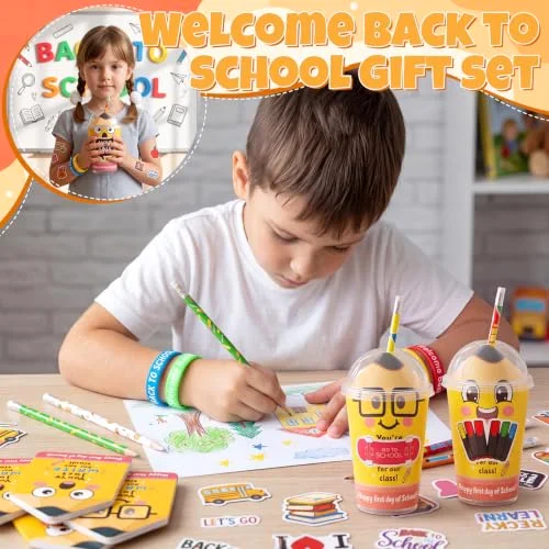 24 Back to School Classroom Student Gifts Bulk First Day of School Favors with Cups Notebooks Pencils Silicone Bracelet Erasers for Class Exchange Gift Goodie Bag Fillers (Mixed Style) view 10