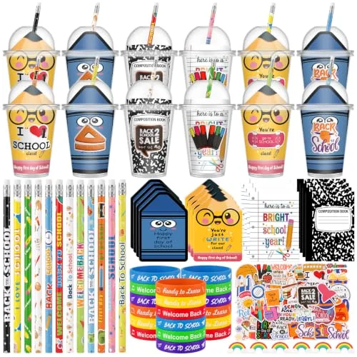 24 Back to School Classroom Student Gifts Bulk First Day of School Favors with Cups Notebooks Pencils Silicone Bracelet Erasers for Class Exchange Gift Goodie Bag Fillers (Mixed Style)