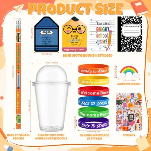 24 Back to School Classroom Student Gifts Bulk First Day of School Favors with Cups Notebooks Pencils Silicone Bracelet Erasers for Class Exchange Gift Goodie Bag Fillers (Mixed Style) view 3
