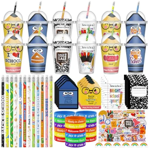 12 Back to School Classroom Student Gifts Bulk First Day of School Favors with Cups Notebooks Pencils Silicone Bracelet Erasers for Class Exchange Gift Goodie Bag Fillers (Mixed Style)