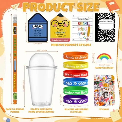 12 Back to School Classroom Student Gifts Bulk First Day of School Favors with Cups Notebooks Pencils Silicone Bracelet Erasers for Class Exchange Gift Goodie Bag Fillers (Mixed Style) view 3