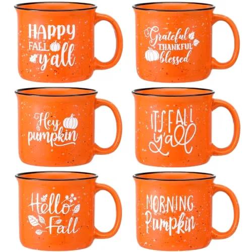 Set of 6 Fall Pumpkin Mug Autumn Ceramic Coffee Mugs Set with Hello Fall/Hey Pumpkin/Grateful Thankful Blessed/Fall Y'all Word for Holiday Thanksgiving Party Gifts