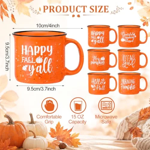 Set of 6 Fall Pumpkin Mug Autumn Ceramic Coffee Mugs Set with Hello Fall/Hey Pumpkin/Grateful Thankful Blessed/Fall Y'all Word for Holiday Thanksgiving Party Gifts view 2