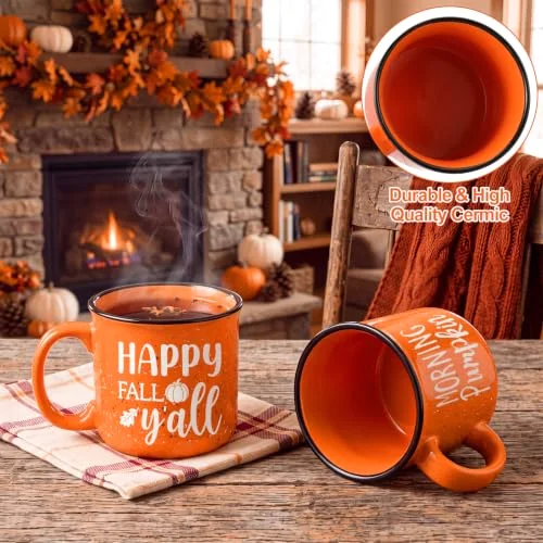 Set of 6 Fall Pumpkin Mug Autumn Ceramic Coffee Mugs Set with Hello Fall/Hey Pumpkin/Grateful Thankful Blessed/Fall Y'all Word for Holiday Thanksgiving Party Gifts view 3