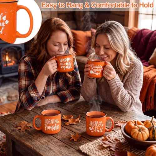 Set of 6 Fall Pumpkin Mug Autumn Ceramic Coffee Mugs Set with Hello Fall/Hey Pumpkin/Grateful Thankful Blessed/Fall Y'all Word for Holiday Thanksgiving Party Gifts view 4
