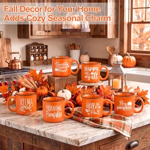 Set of 6 Fall Pumpkin Mug Autumn Ceramic Coffee Mugs Set with Hello Fall/Hey Pumpkin/Grateful Thankful Blessed/Fall Y'all Word for Holiday Thanksgiving Party Gifts view 5