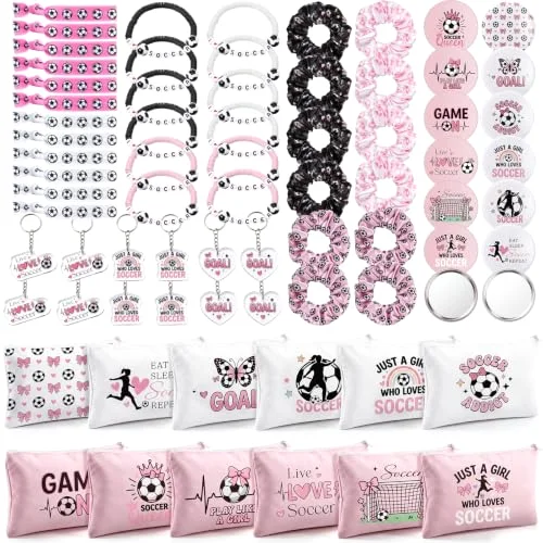 Soccer Accessories Gifts Include 12 Make up Bags 12 Mirrors 12 Acrylic Keychains 12 Bracelet 12 Scrunchies 12 Hair Ties Team Gifts for Soccer Party Favor ()