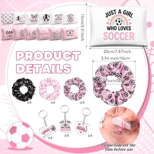Soccer Accessories Gifts Include 12 Make up Bags 12 Mirrors 12 Acrylic Keychains 12 Bracelet 12 Scrunchies 12 Hair Ties Team Gifts for Soccer Party Favor () view 2