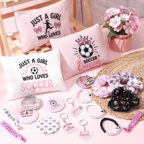 Soccer Accessories Gifts Include 12 Make up Bags 12 Mirrors 12 Acrylic Keychains 12 Bracelet 12 Scrunchies 12 Hair Ties Team Gifts for Soccer Party Favor () view 4