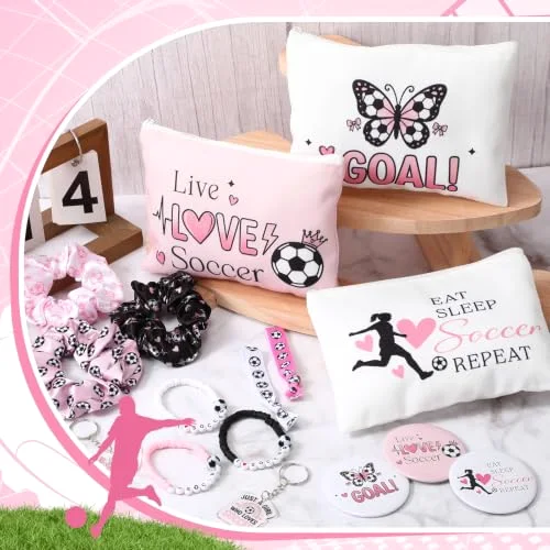 Soccer Accessories Gifts Include 12 Make up Bags 12 Mirrors 12 Acrylic Keychains 12 Bracelet 12 Scrunchies 12 Hair Ties Team Gifts for Soccer Party Favor () view 5