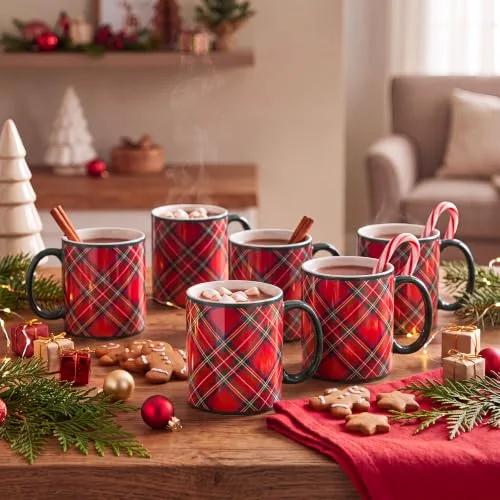 Set of 6 Christmas Tartan Mugs Plaid Xmas Coffee Mugs Set Farmhouse Holiday Festive Tea Cups for Hot Cocoa Birthday Party Dishwasher Microwave Safe Employee Coworkers Gift