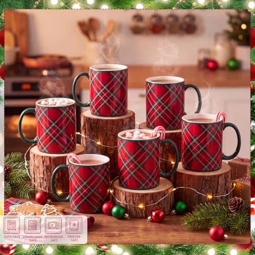 Set of 6 Christmas Tartan Mugs Plaid Xmas Coffee Mugs Set Farmhouse Holiday Festive Tea Cups for Hot Cocoa Birthday Party Dishwasher Microwave Safe Employee Coworkers Gift view 3