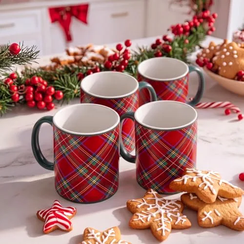 Set of 6 Christmas Tartan Mugs Plaid Xmas Coffee Mugs Set Farmhouse Holiday Festive Tea Cups for Hot Cocoa Birthday Party Dishwasher Microwave Safe Employee Coworkers Gift view 5